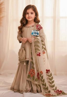 Cream Sequin Work Silk Sharara Set For Girls