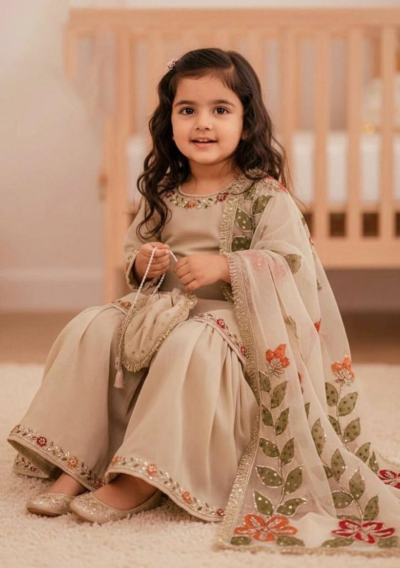 Cream Sequin Work Silk Sharara Set For Girls - Indya