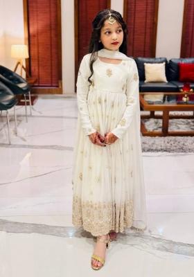 White Sequin Work Silk Gown With Dupatta For Girls