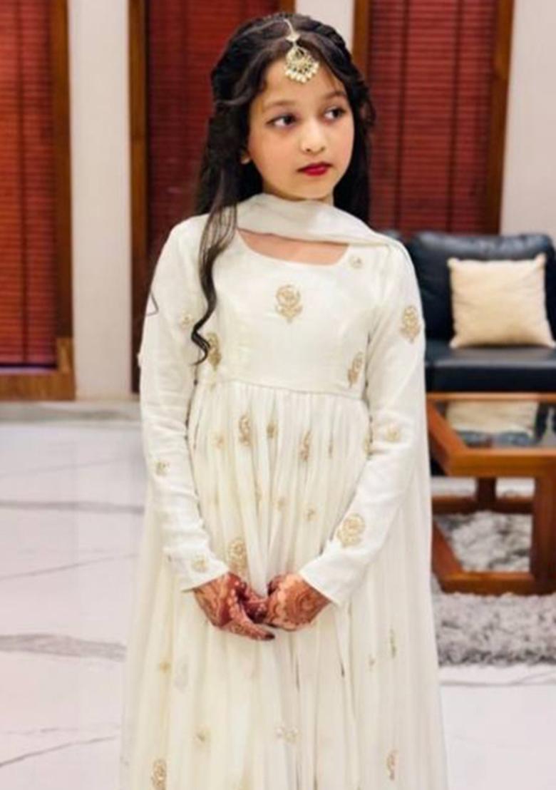 White Sequin Work Silk Gown With Dupatta For Girls - Indya