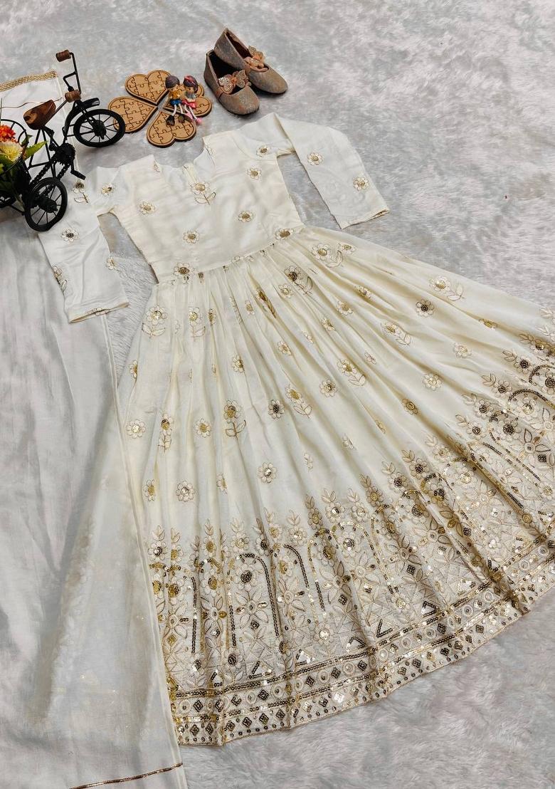White Sequin Work Silk Gown With Dupatta For Girls - Indya