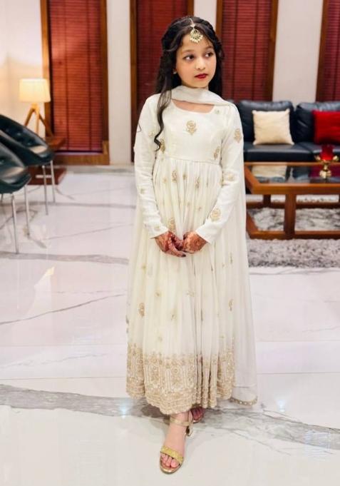 White Sequin Work Silk Gown With Dupatta For Girls