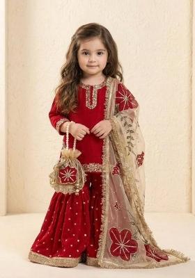 Red Sequin Work Silk Sharara Set For Girls