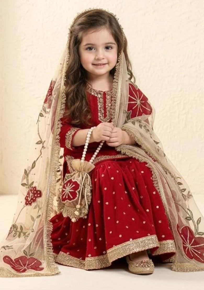 Red Sequin Work Silk Sharara Set For Girls - Indya