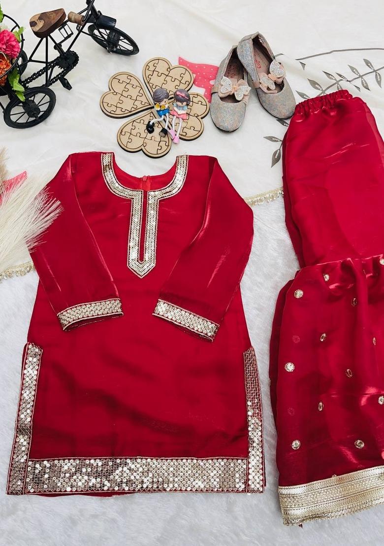 Red Sequin Work Silk Sharara Set For Girls - Indya