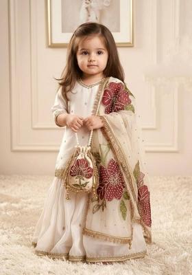 White Sequin Work Silk Sharara Set For Girls