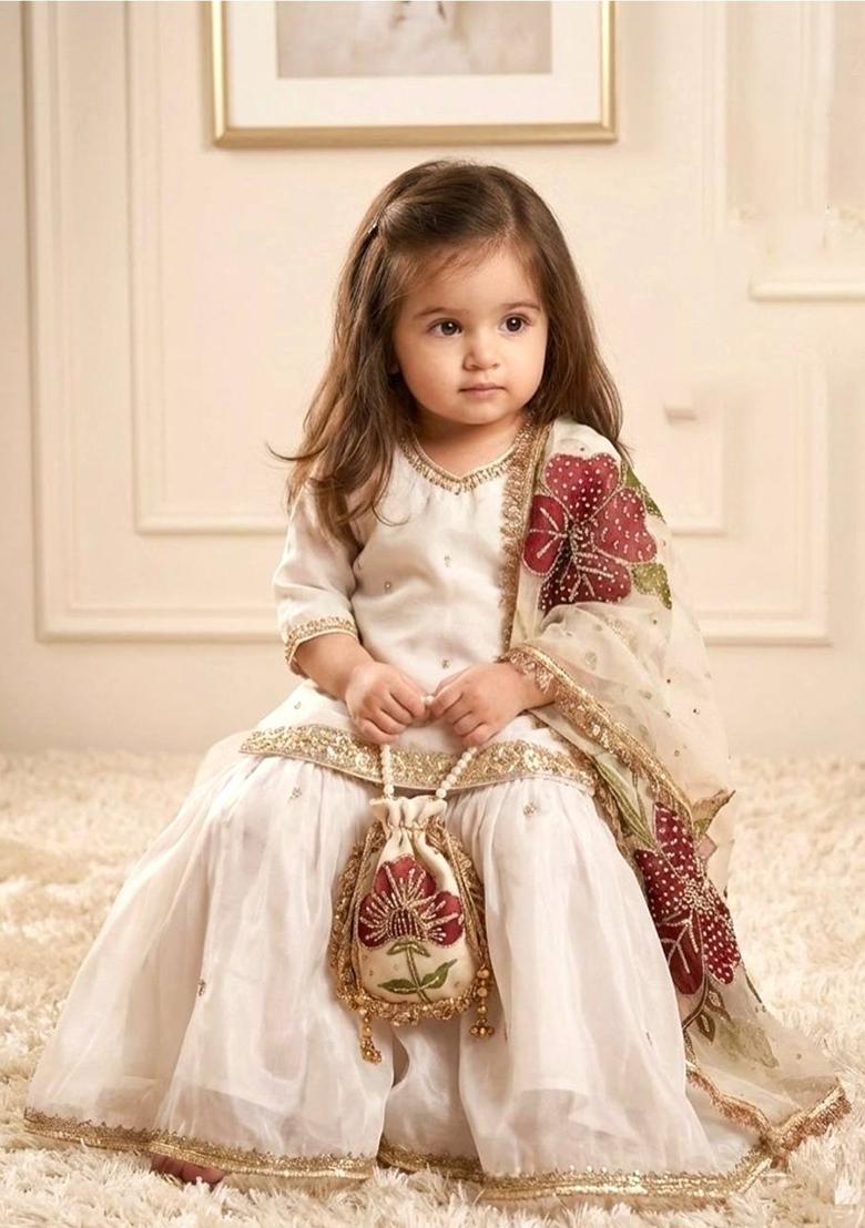 White Sequin Work Silk Sharara Set For Girls - Indya