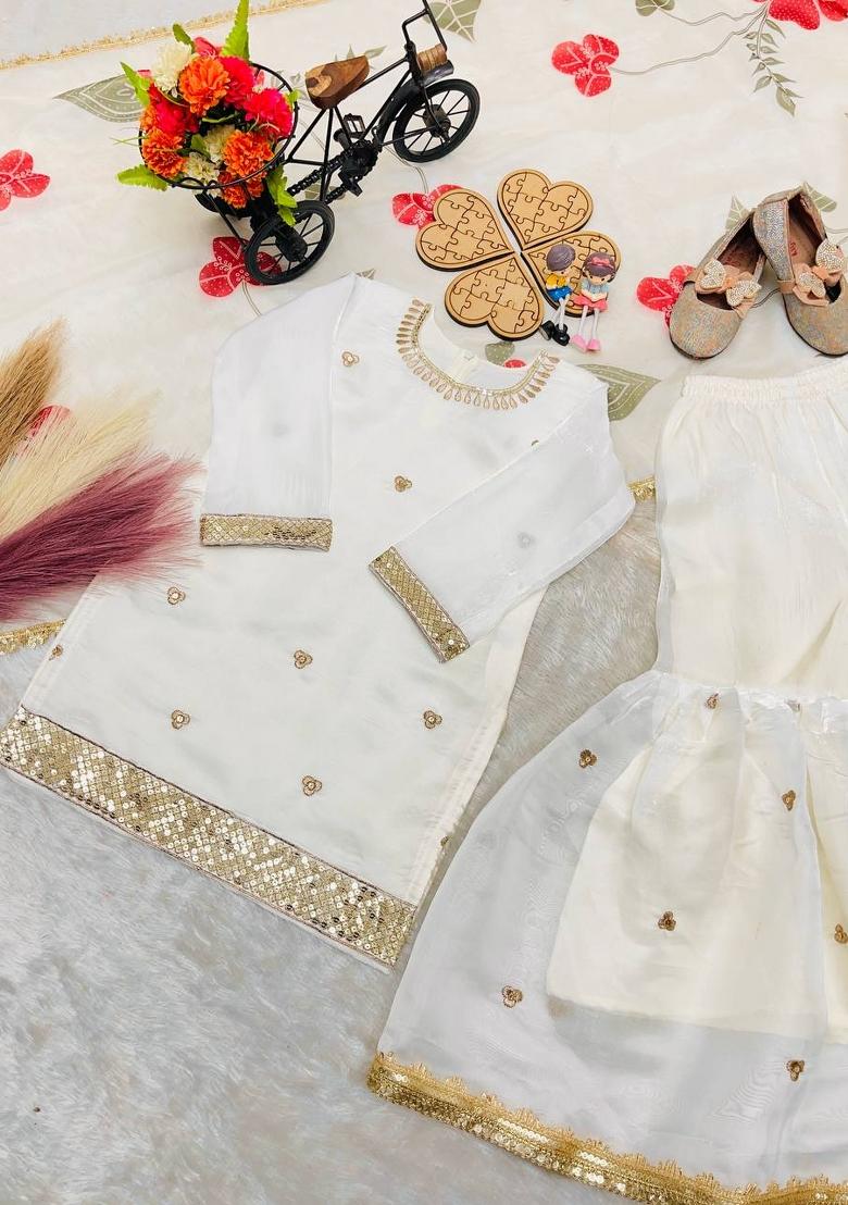 White Sequin Work Silk Sharara Set For Girls - Indya
