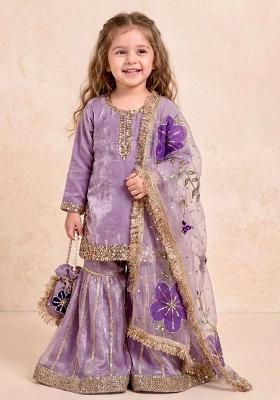Lavender Sequin Work Silk Sharara Set For Girls