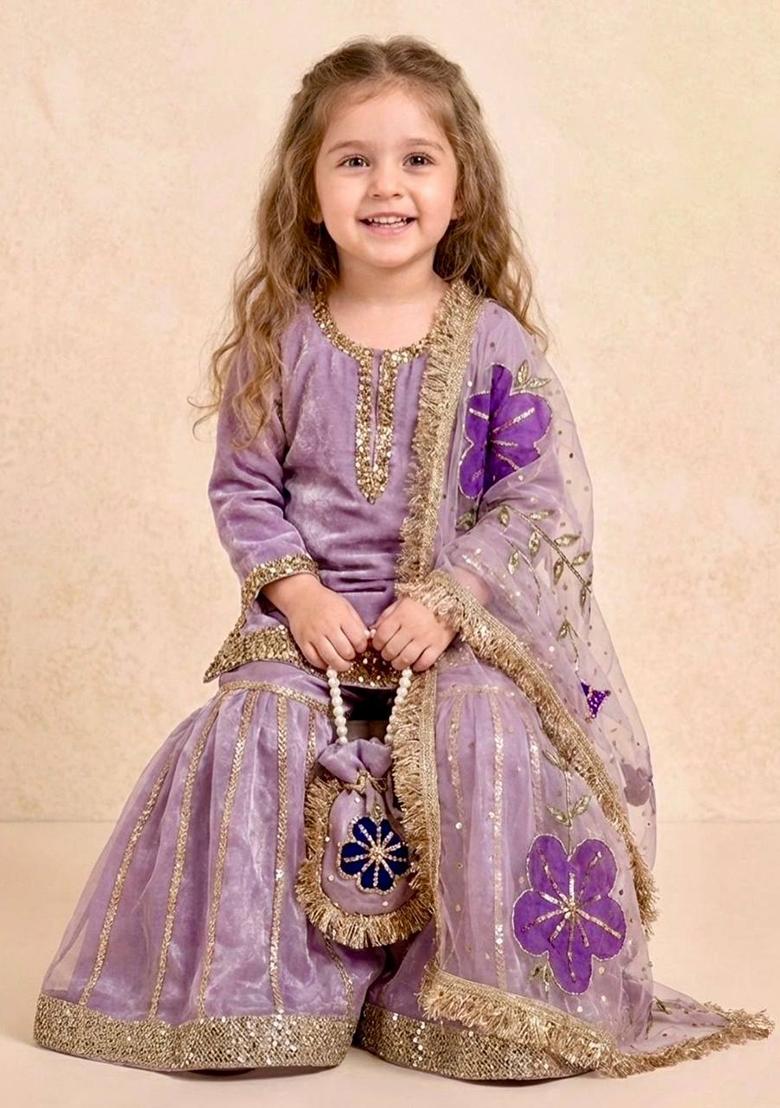 Lavender Sequin Work Silk Sharara Set For Girls - Indya