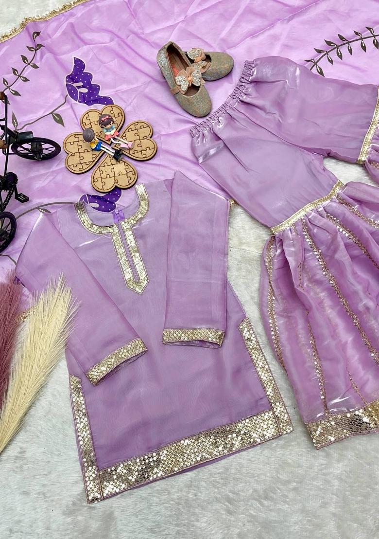 Lavender Sequin Work Silk Sharara Set For Girls - Indya