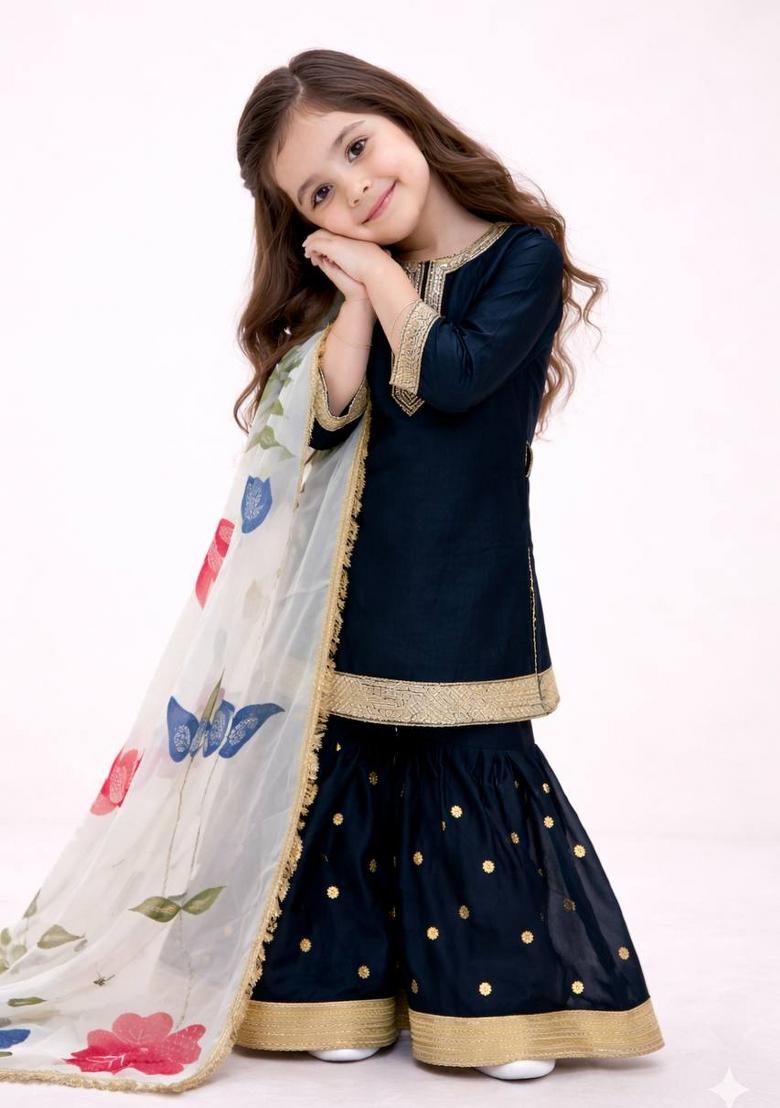 Black Sequin Work Silk Sharara Set For Girls - Indya