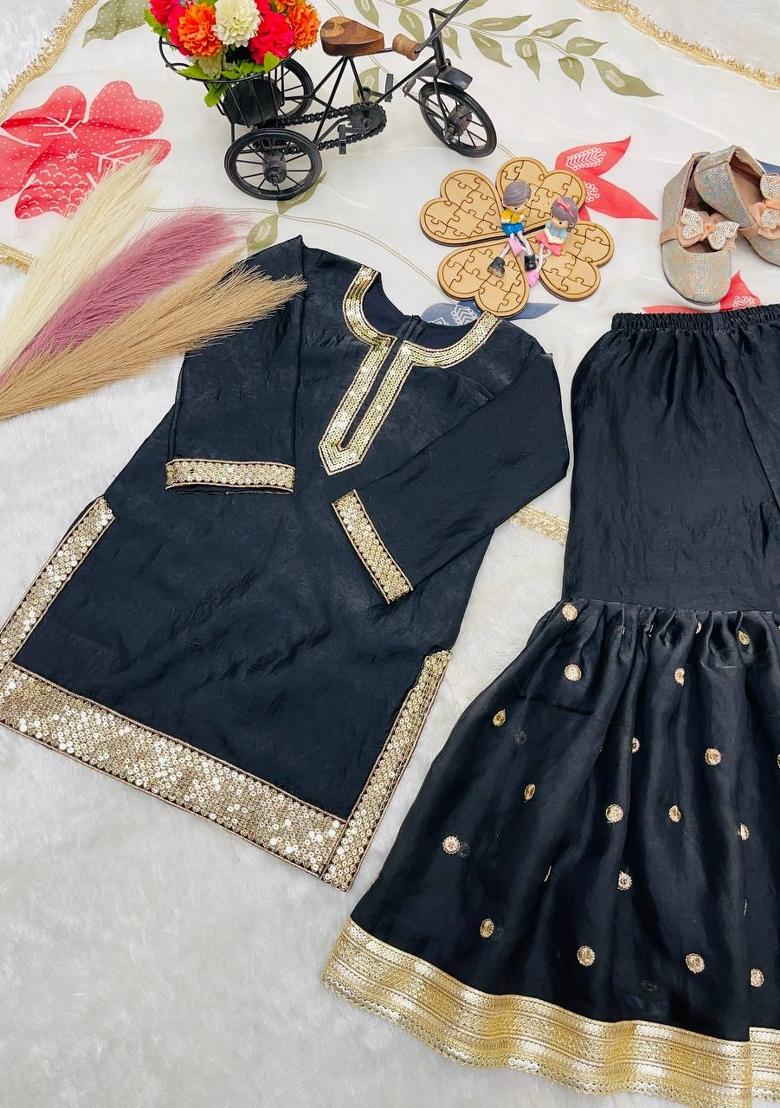 Black Sequin Work Silk Sharara Set For Girls - Indya