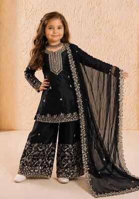 Black Sequin Work Silk Palazzo Set For Girls