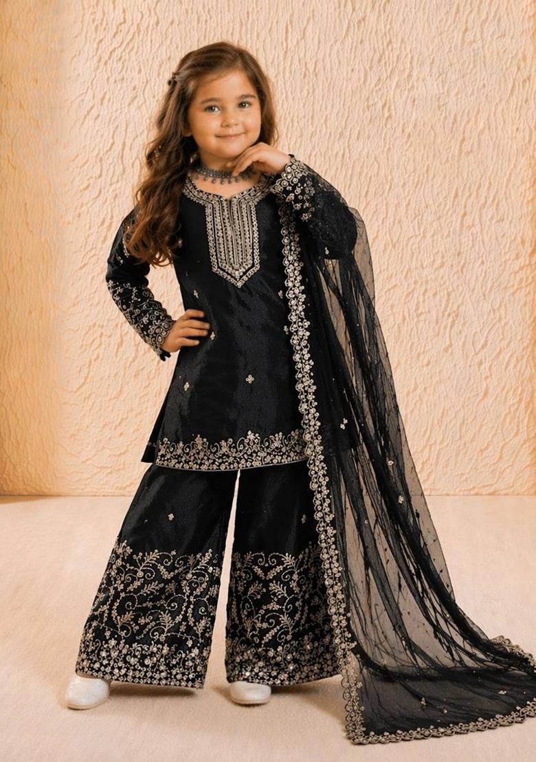 Black Sequin Work Silk Palazzo Set For Girls - Indya