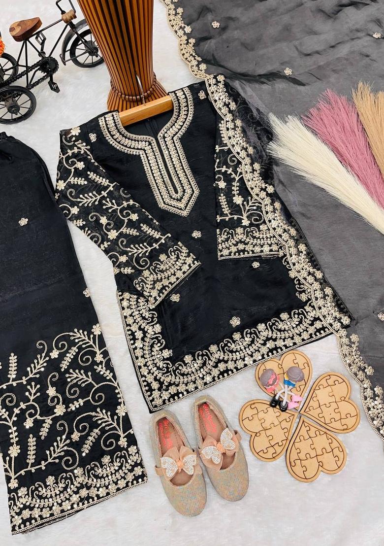 Black Sequin Work Silk Palazzo Set For Girls - Indya