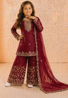 Maroon Sequin Work Silk Palazzo Set For Girls