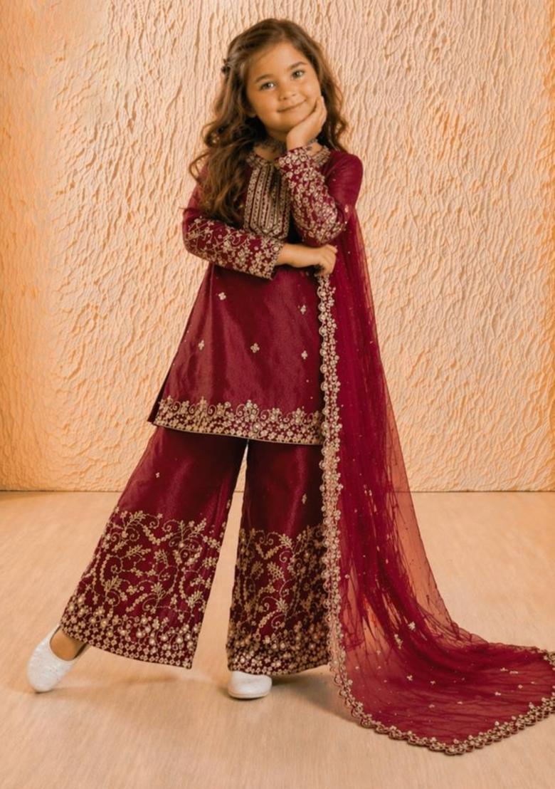 Maroon Sequin Work Silk Palazzo Set For Girls - Indya