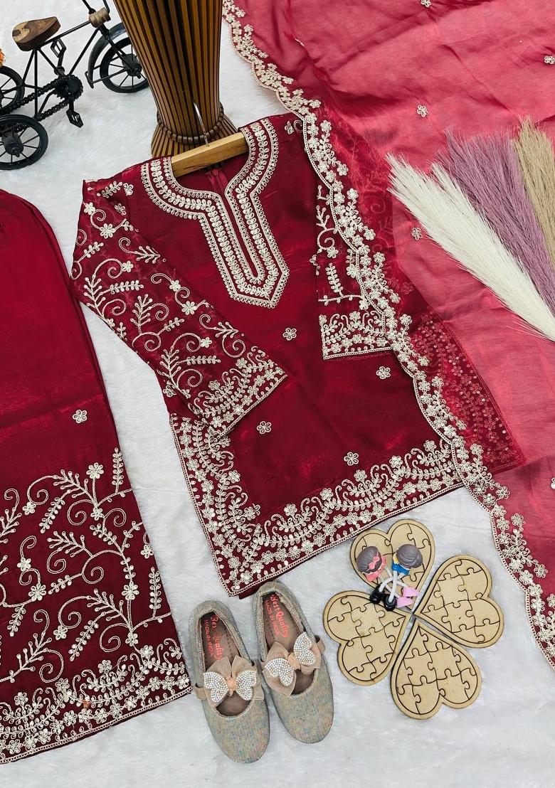 Maroon Sequin Work Silk Palazzo Set For Girls - Indya