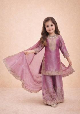 Pink Sequin Work Silk Palazzo Set For Girls