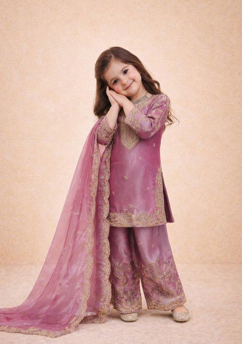 Pink Sequin Work Silk Palazzo Set For Girls - Indya