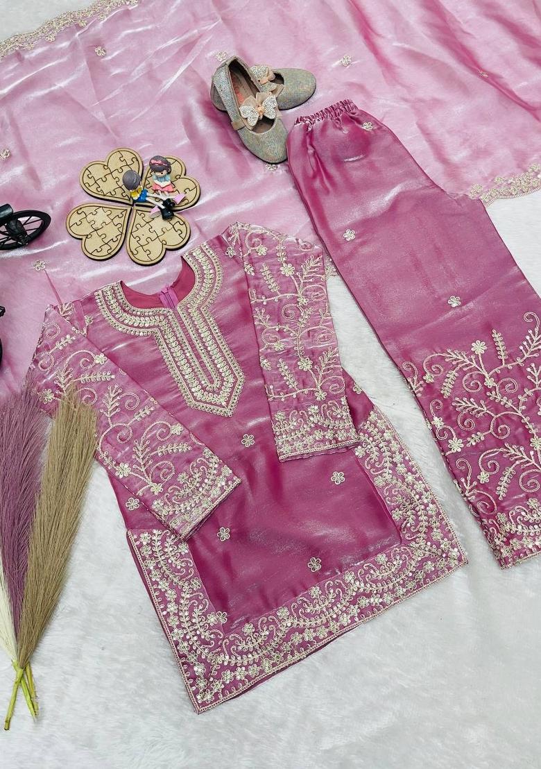 Pink Sequin Work Silk Palazzo Set For Girls - Indya