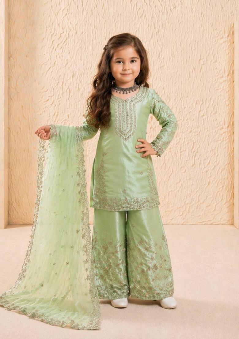 Pista Sequin Work Silk Palazzo Set For Girls - Indya