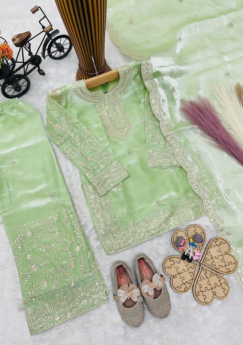 Pista Sequin Work Silk Palazzo Set For Girls - Indya