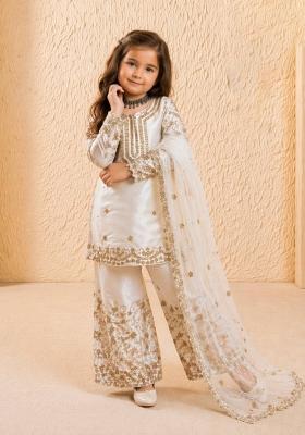 White Sequin Work Silk Palazzo Set For Girls
