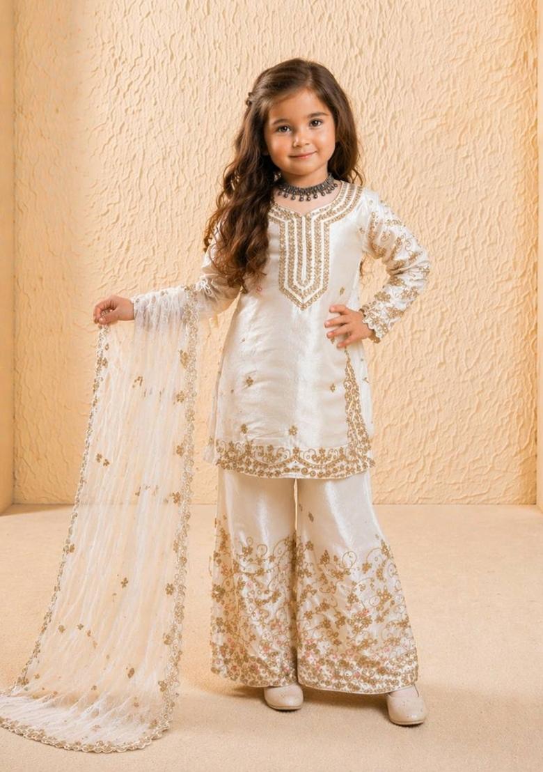 White Sequin Work Silk Palazzo Set For Girls - Indya