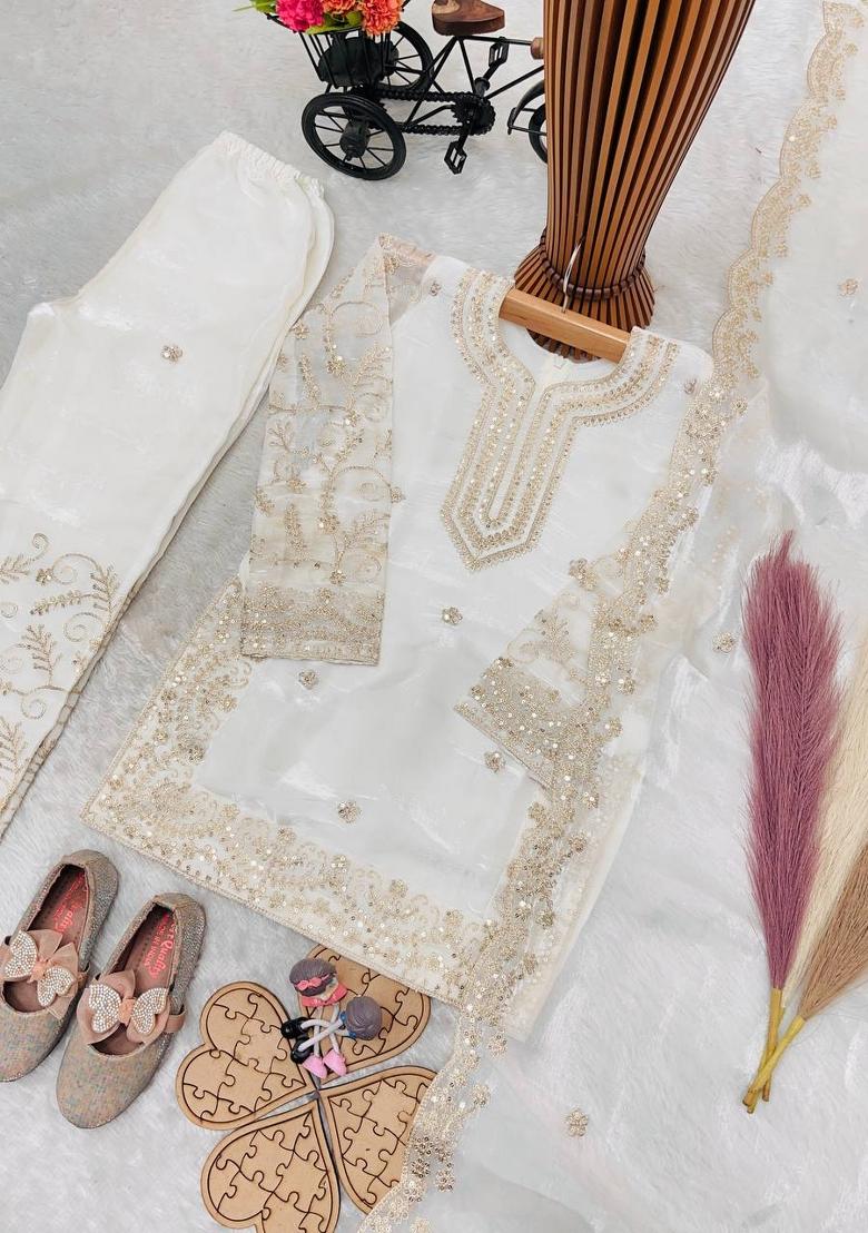 White Sequin Work Silk Palazzo Set For Girls - Indya