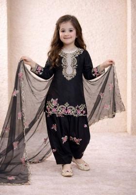 Black Sequin Work Crepe Kurta Set For Girls