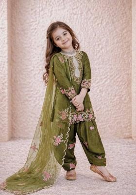 Mehendi Sequin Work Crepe Kurta Set For Girls