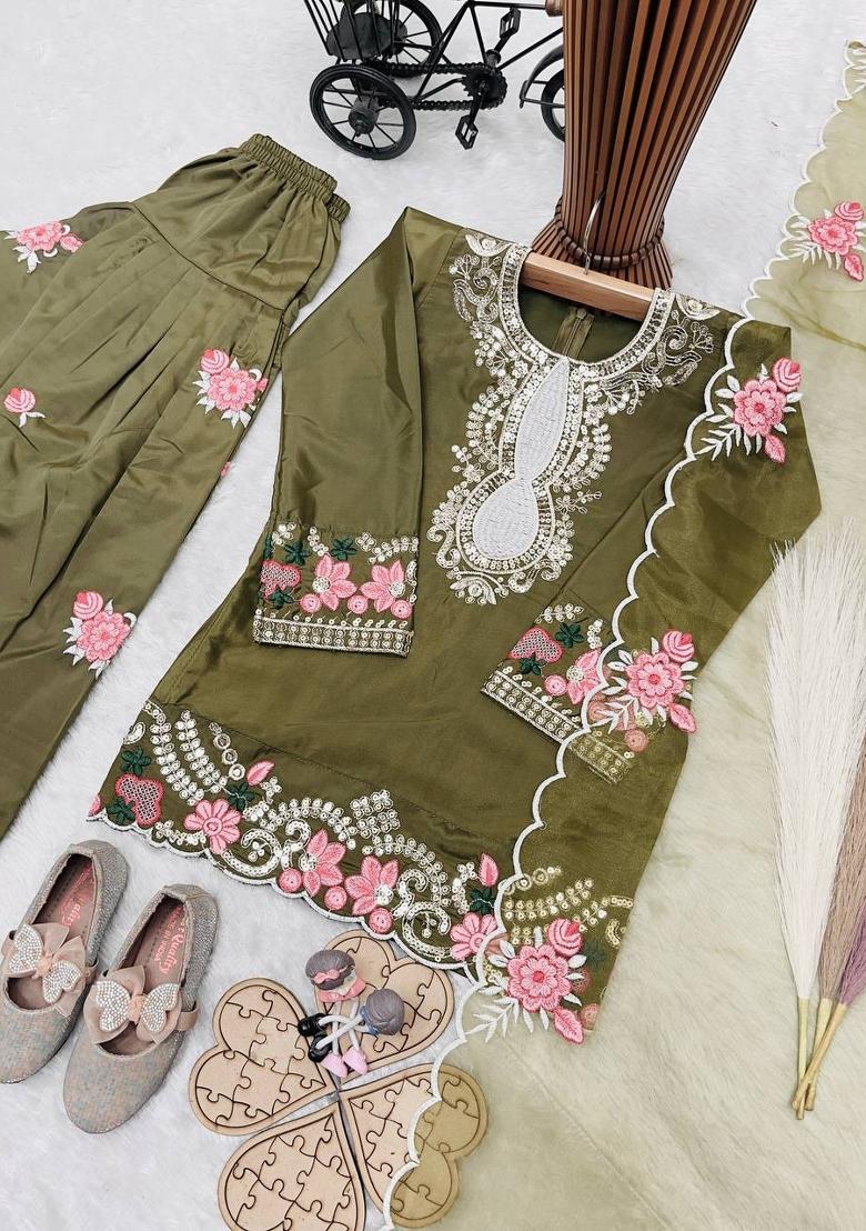 Mehendi Sequin Work Crepe Kurta Set For Girls - Indya