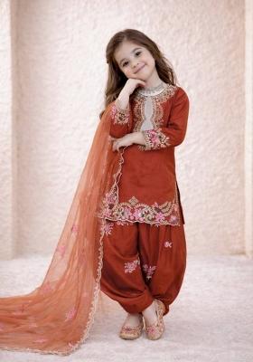 Rust Sequin Work Crepe Kurta Set For Girls