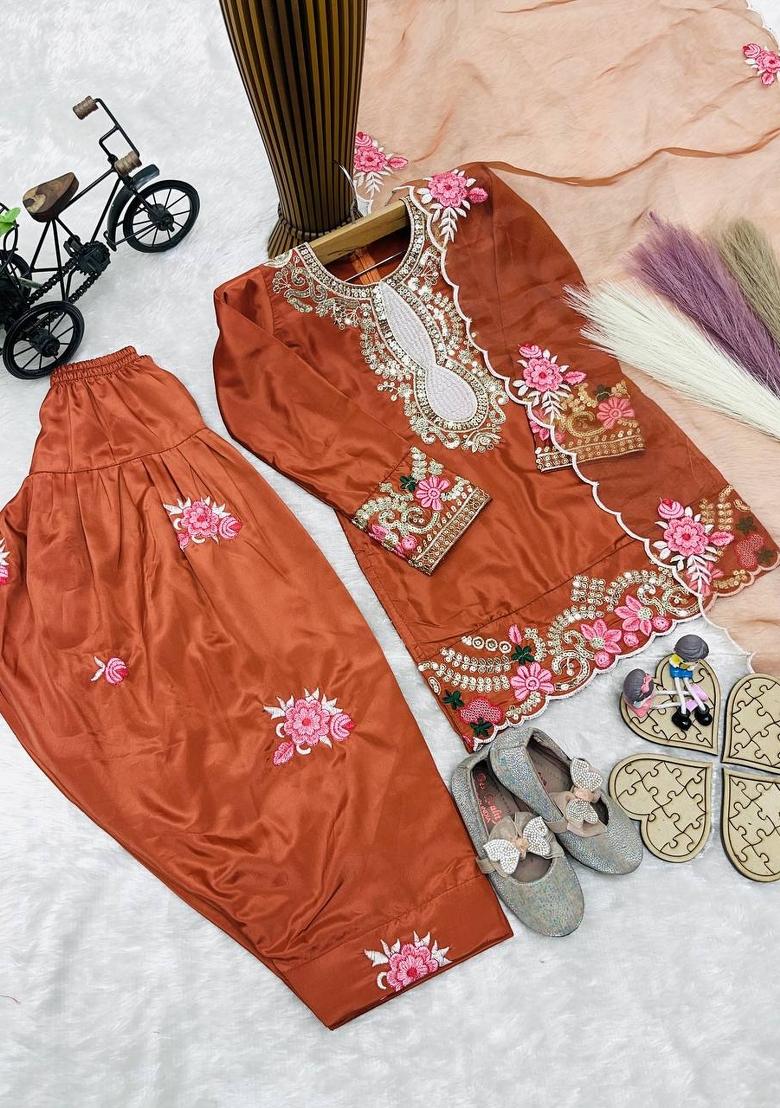 Rust Sequin Work Crepe Kurta Set For Girls - Indya