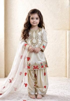 White Sequin Work Crepe Kurta Set For Girls