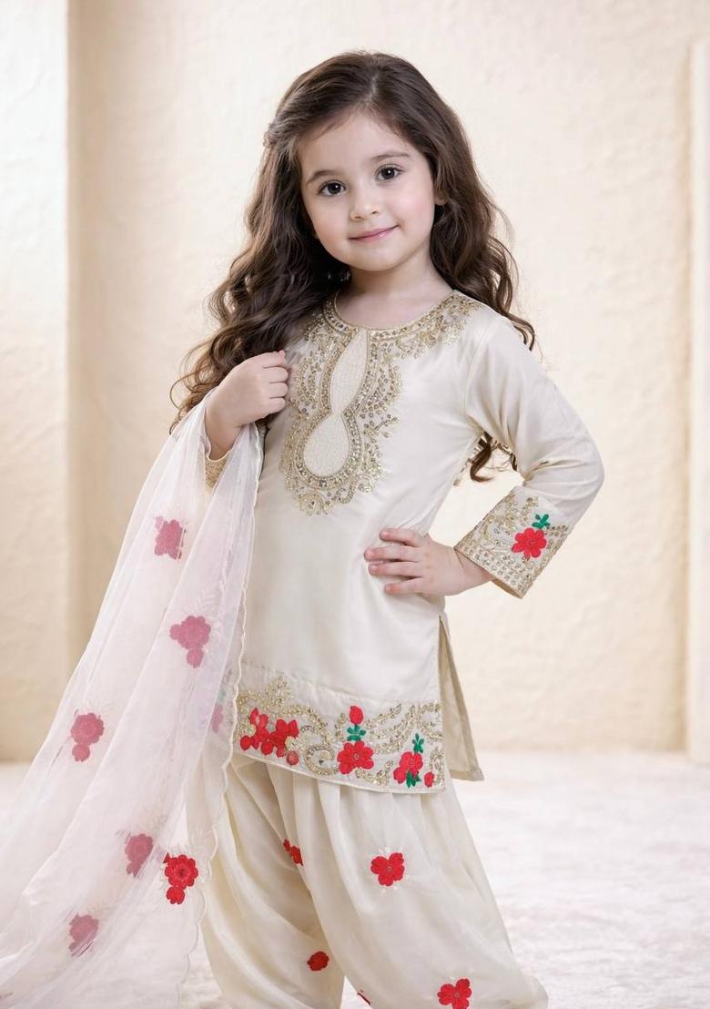 White Sequin Work Crepe Kurta Set For Girls - Indya
