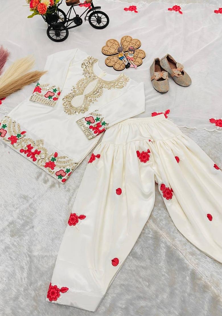 White Sequin Work Crepe Kurta Set For Girls - Indya