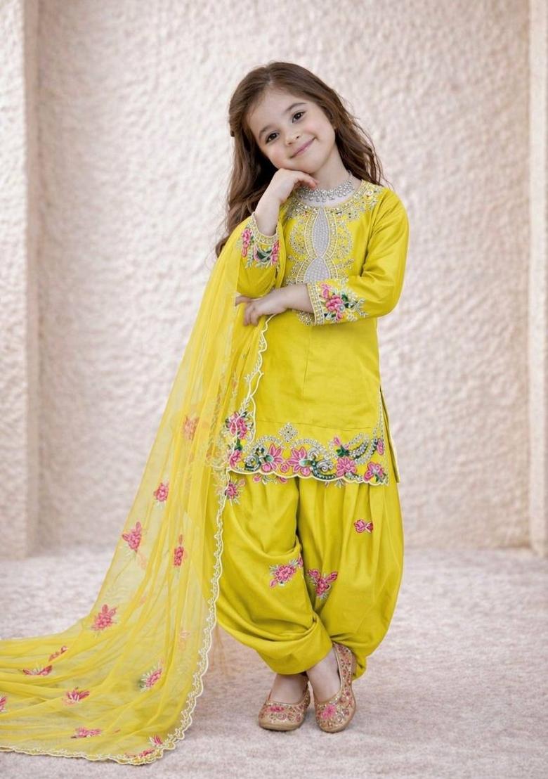 Yellow Sequin Work Crepe Kurta Set For Girls - Indya