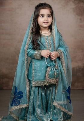 Teal Sequin Work Silk Sharara Set For Girls