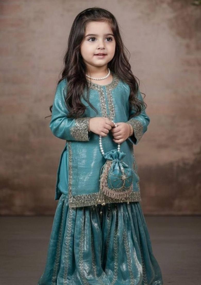 Teal Sequin Work Silk Sharara Set For Girls - Indya