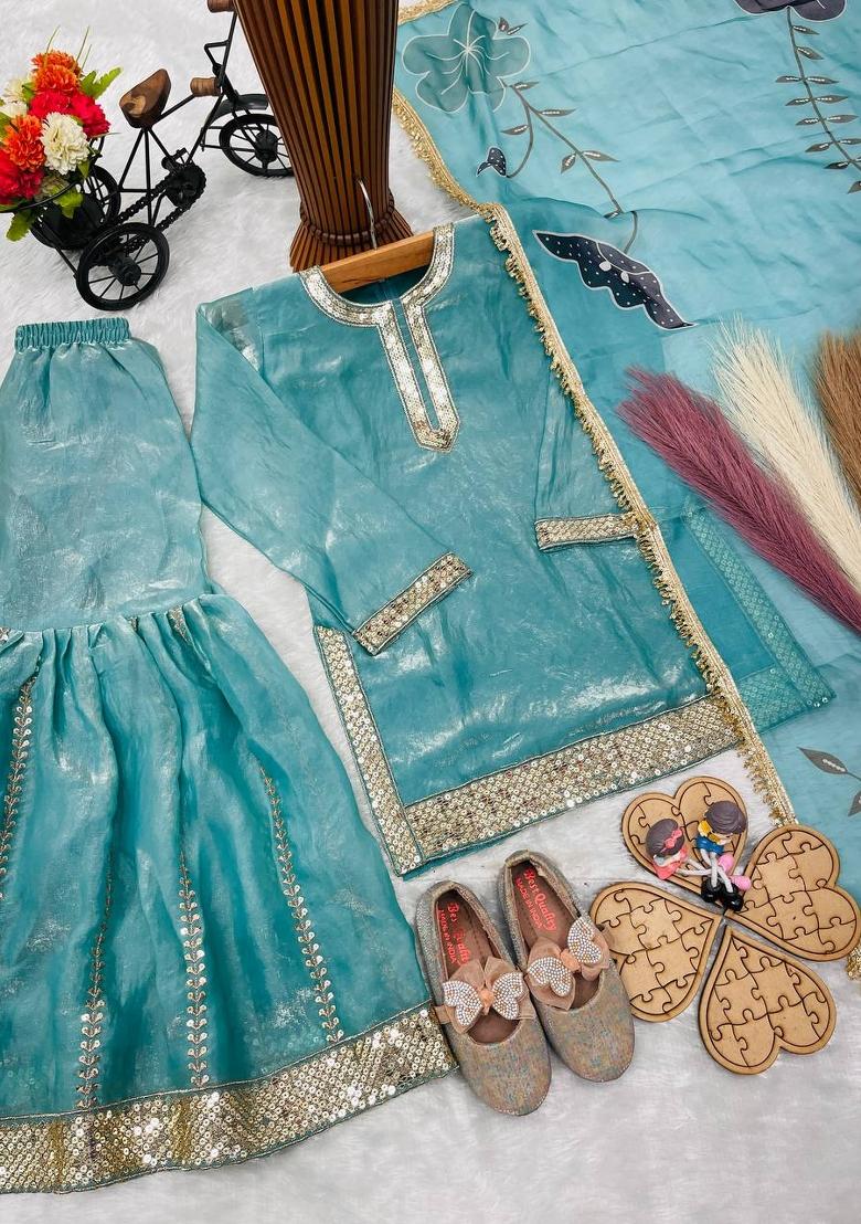 Teal Sequin Work Silk Sharara Set For Girls - Indya