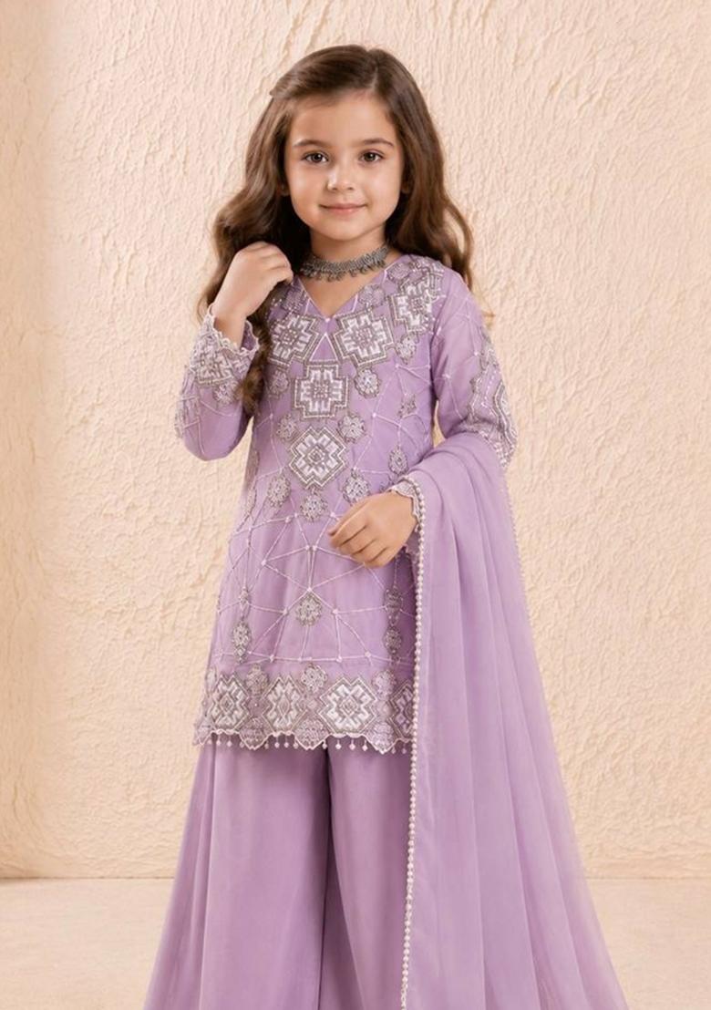 Lavender Sequin Work Georgette Palazzo Set For Girls - Indya