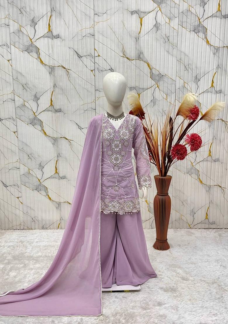 Lavender Sequin Work Georgette Palazzo Set For Girls - Indya