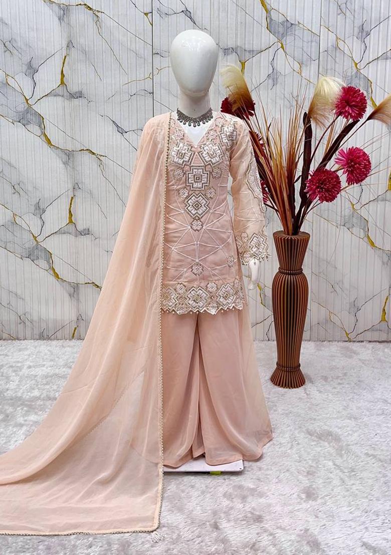 Peach Sequin Work Georgette Palazzo Set For Girls - Indya