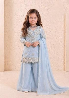 Sky Blue Sequin Work Georgette Palazzo Set For Girls