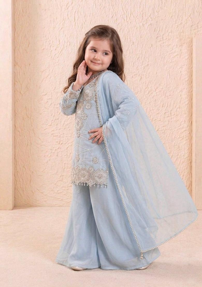 Sky Blue Sequin Work Georgette Palazzo Set For Girls - Indya