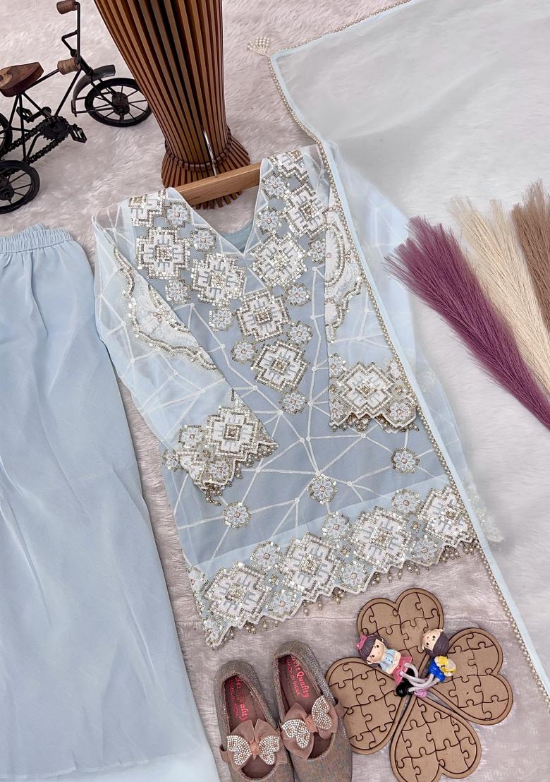 Sky Blue Sequin Work Georgette Palazzo Set For Girls - Indya