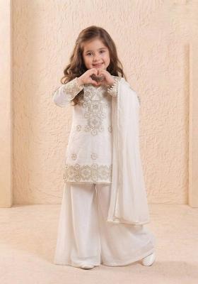 White Sequin Work Georgette Palazzo Set For Girls